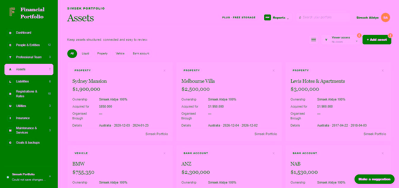 Financial Portfolio Assets screen with property, vehicle and bank account records and ownership details