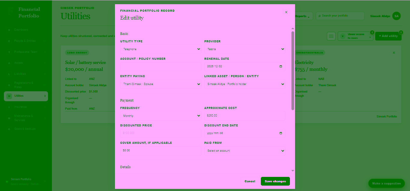 Financial Portfolio utility record showing provider, renewal date, linked people and assets, payment frequency and cost