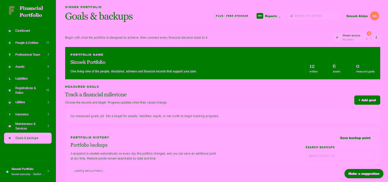 Financial Portfolio Goals & backups screen with measured goals and portfolio history controls