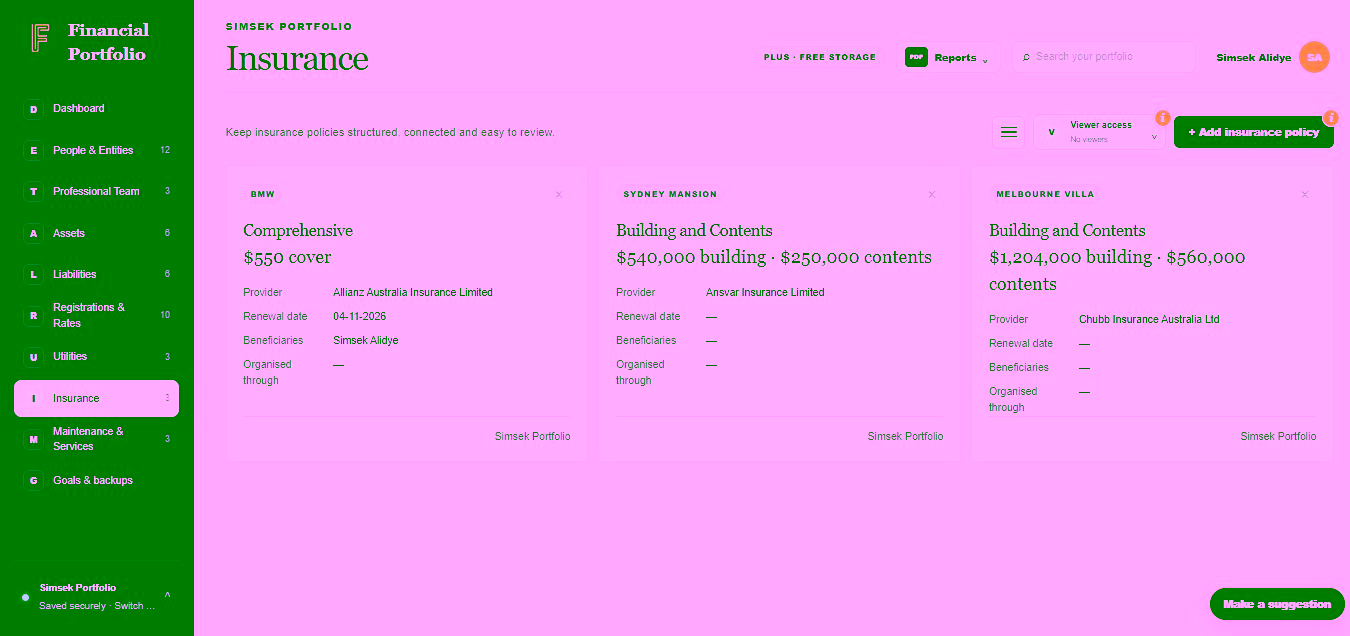 Financial Portfolio Insurance screen showing vehicle and building and contents policies with providers and cover details