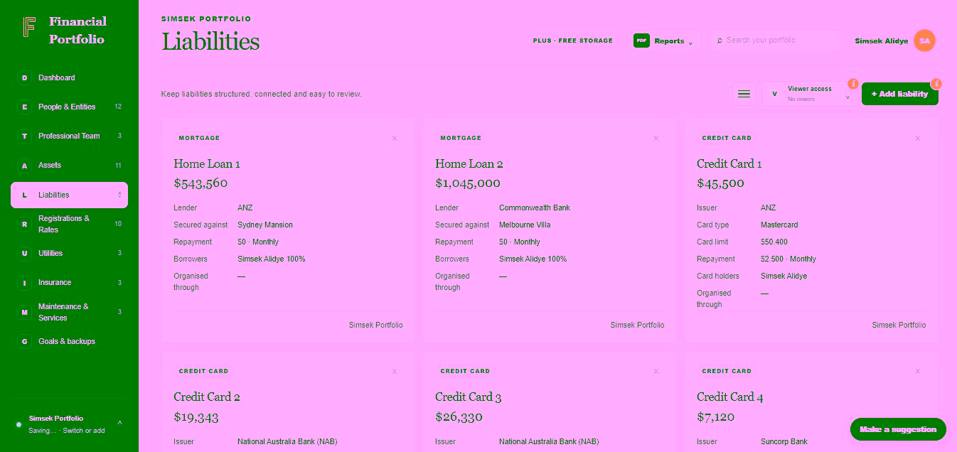 Financial Portfolio Liabilities screen with mortgage and credit card records, lenders, balances and related assets