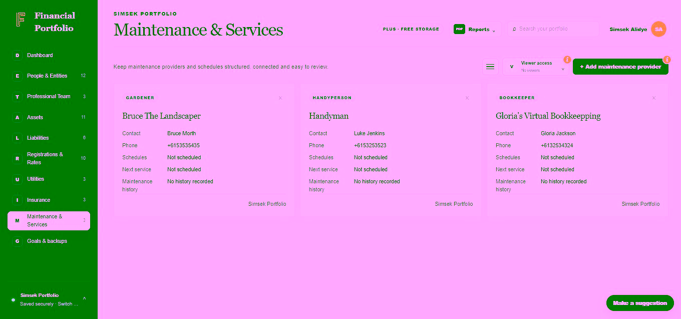 Financial Portfolio Maintenance & Services screen with providers, contact details, schedules and service history