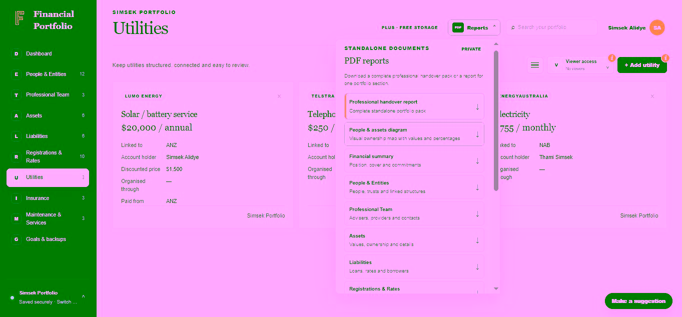 Financial Portfolio PDF reports menu showing professional handover, ownership diagram, financial summary and section report downloads