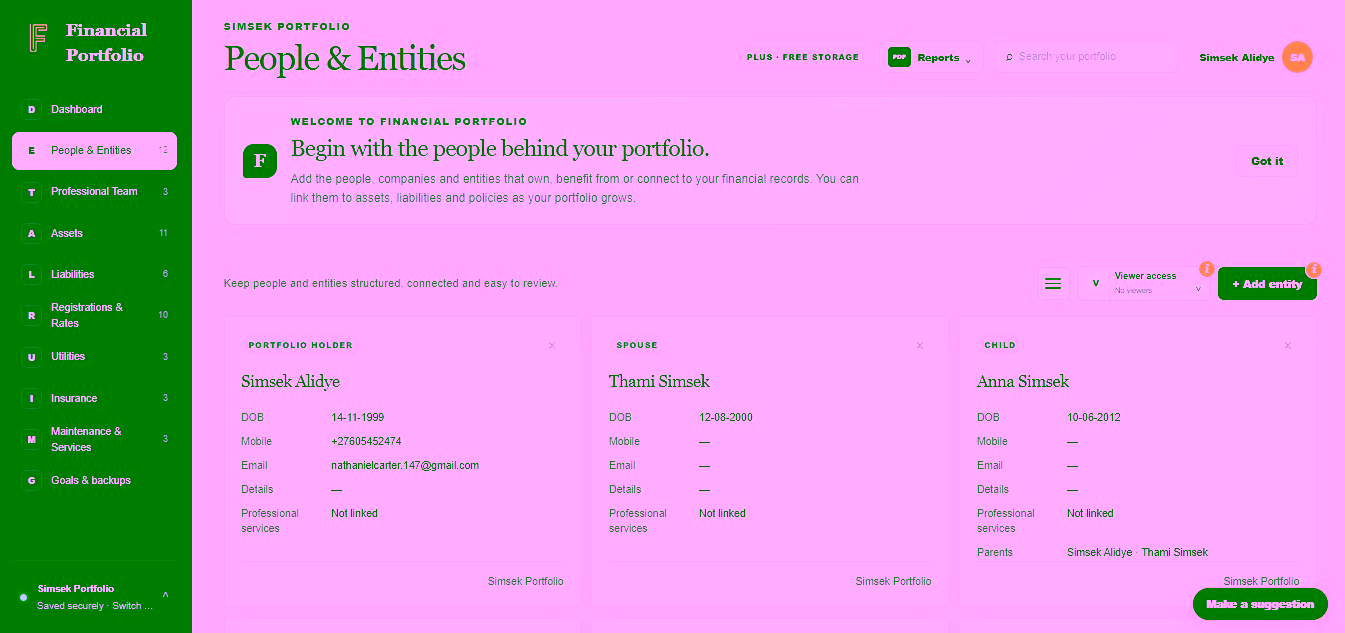 Financial Portfolio People & Entities screen showing a portfolio holder, spouse and child with their recorded relationships