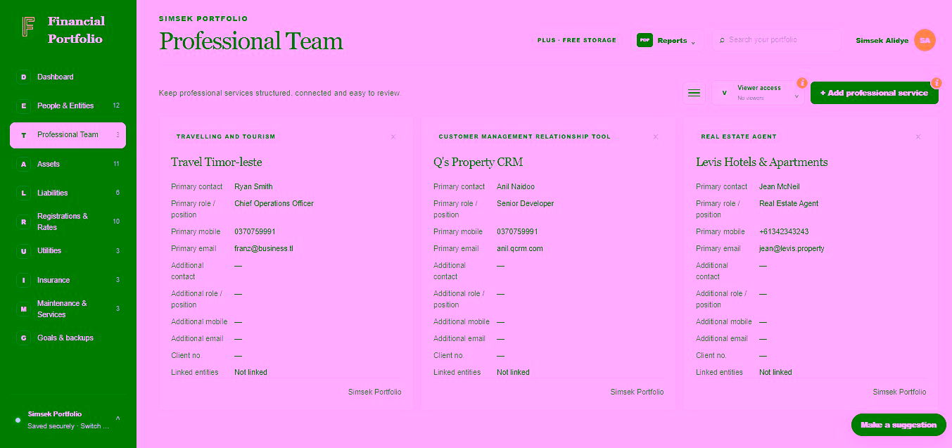 Financial Portfolio Professional Team screen with service providers, contact details and linked entities