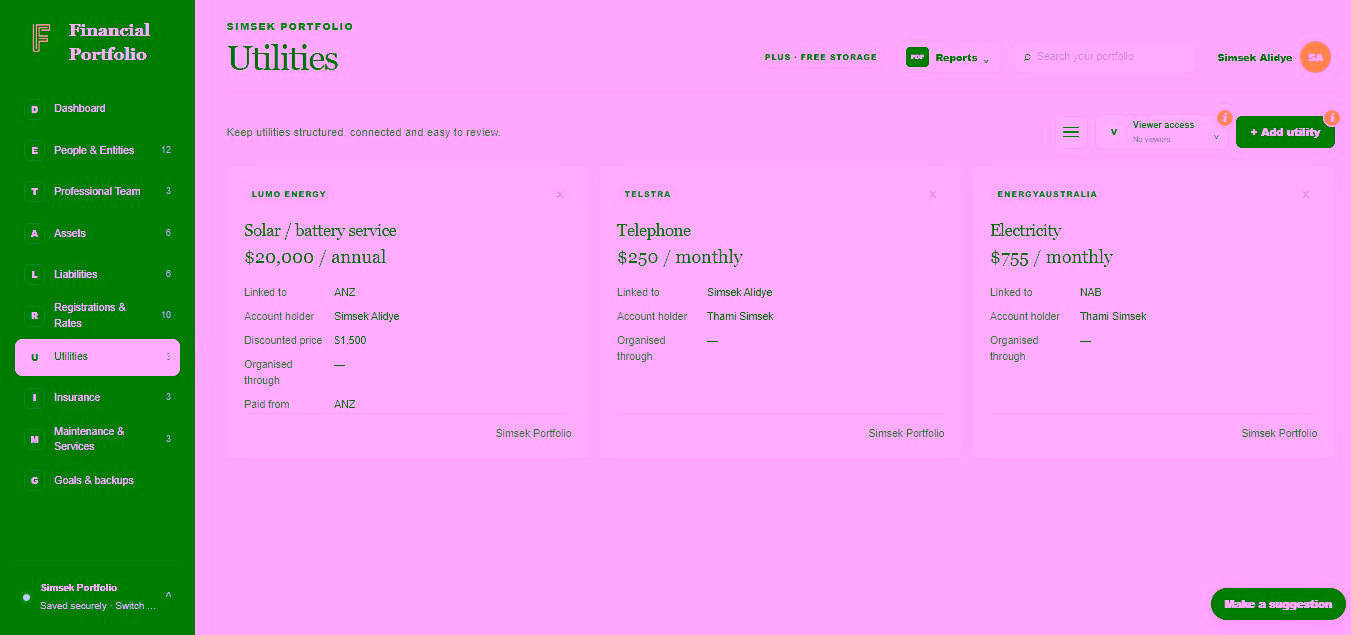 Financial Portfolio Utilities screen with service providers, recorded costs, linked assets and account holders