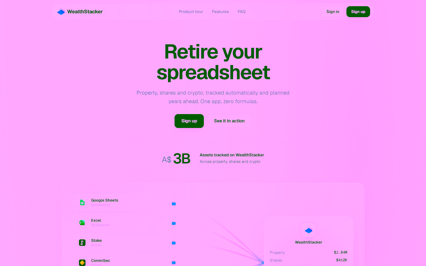 WealthStacker homepage hero describing property, shares and crypto tracking