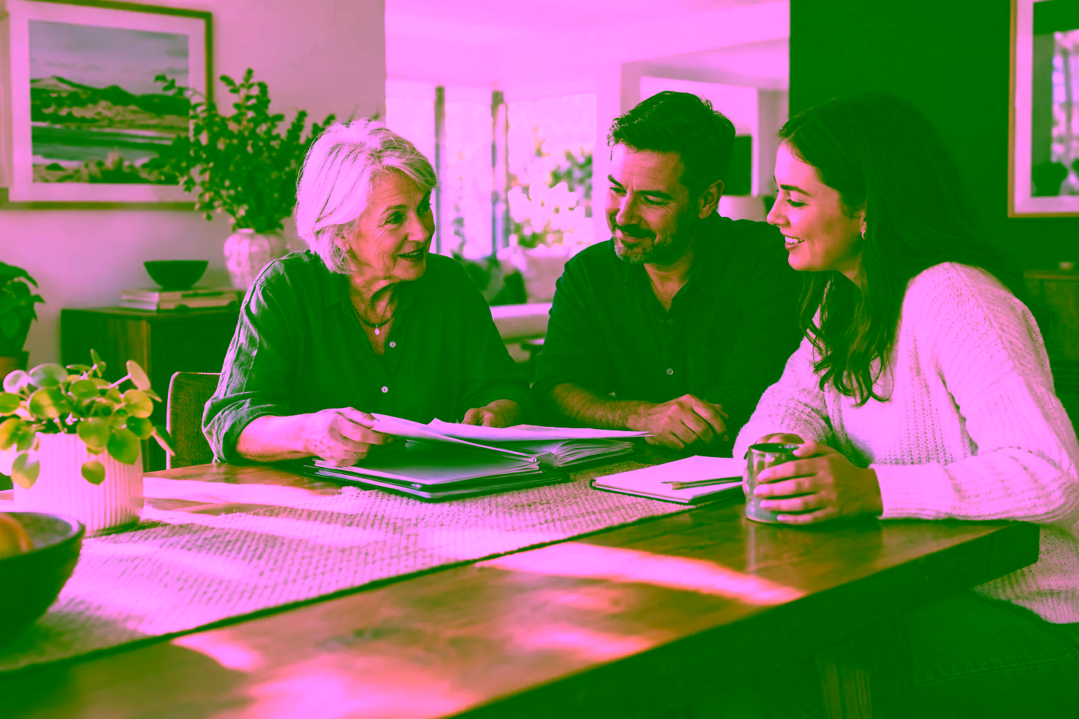 Family reviewing financial records together
