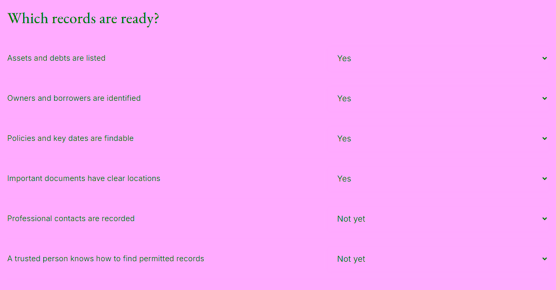 How to answer the questions. Choose Yes, Not yet or Unsure. Screenshot of the working financial records readiness check.