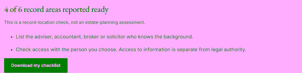 How to save your next steps. Keep a copy of your next steps. Screenshot of the working financial records readiness check.