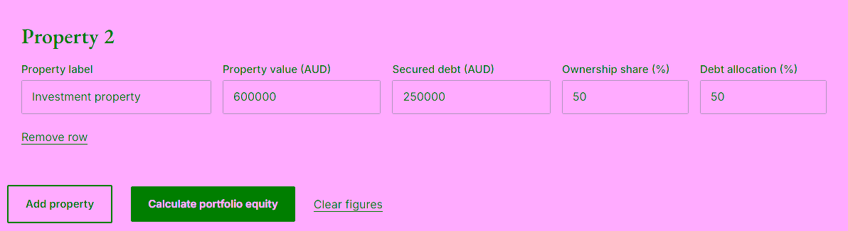 Add properties and check shares. Add another property and check ownership and debt shares separately.. Screenshot of the working property portfolio equity calculator.