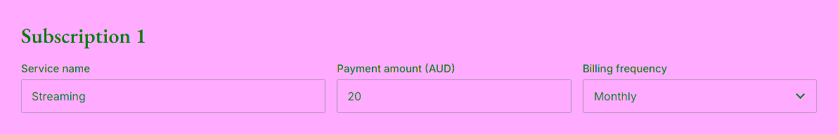 Enter a regular charge. Enter one payment and choose its actual billing frequency.. Screenshot of the working subscription cost calculator.